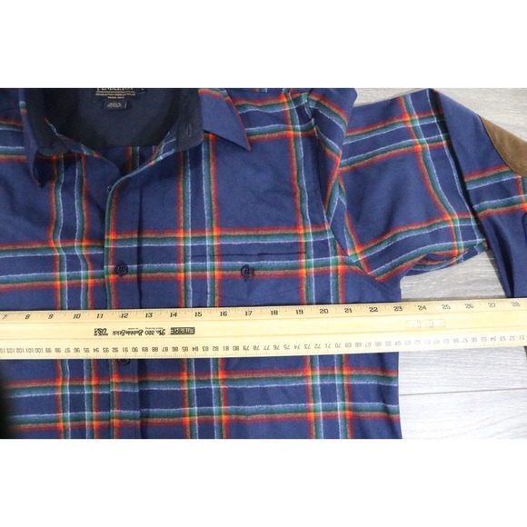 Pendleton Trail Shirt Mens Medium Plaid Virgin Wool Elbow Patch Flannel LARGE - Picture 3 of 6